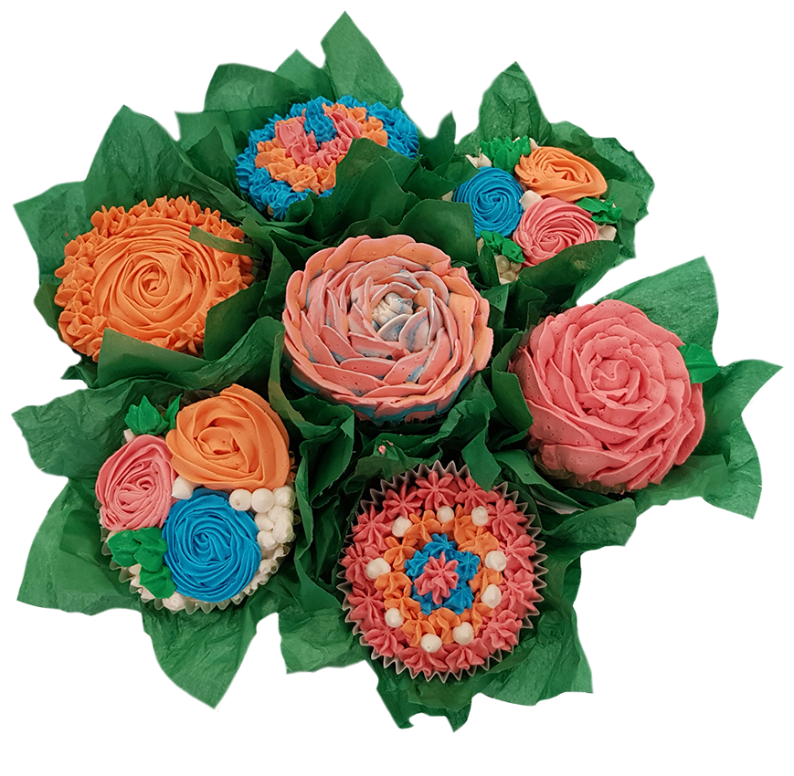 7 Piece Cupcake Bouquet (Orange & Pink)